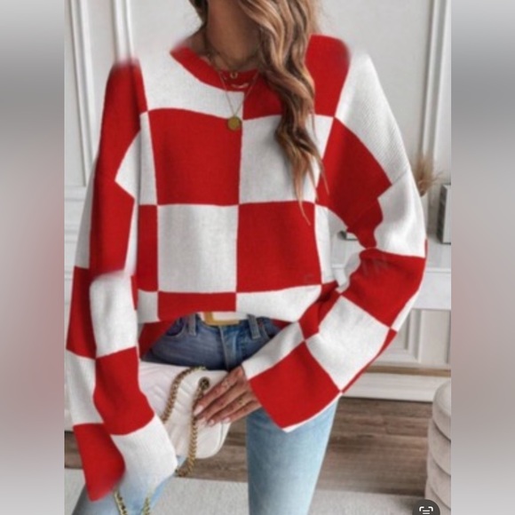 New color block plaid checker red and white sweater - Picture 1 of 4